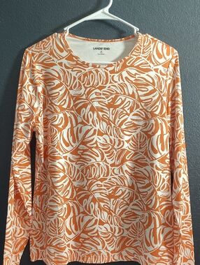 Lands' End Orange and Cream Leaf-Print Long Sleeve Sun Guard Swim Top